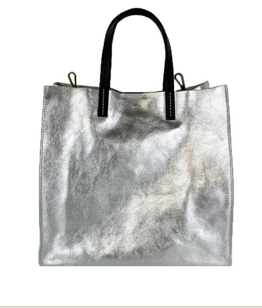 Milla - Metallic Leather Shopper Bag  in Silver