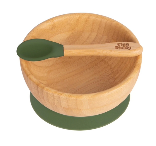 Bamboo Suction Bowl & Spoon Set in Olive Green