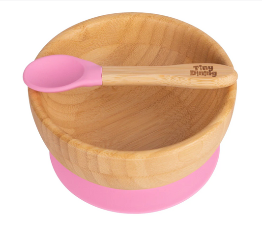 Bamboo Suction Bowl & Spoon Set in Pink