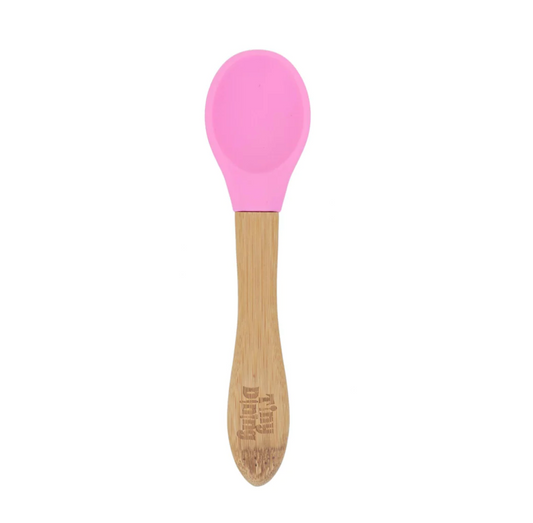 Soft Tip Bamboo Spoon - Silicone Tip - in Pink