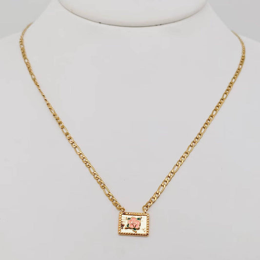 Enamel Rose 18K Gold Plated Square Pendant Necklace